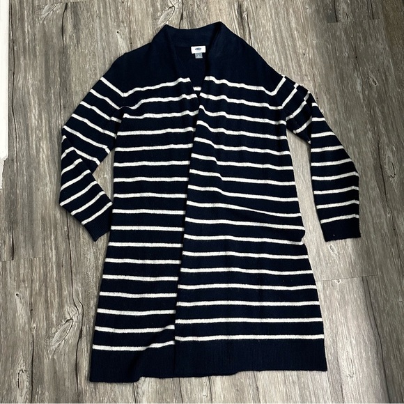 Navy and cream striped long cardigan size M - Picture 1 of 4